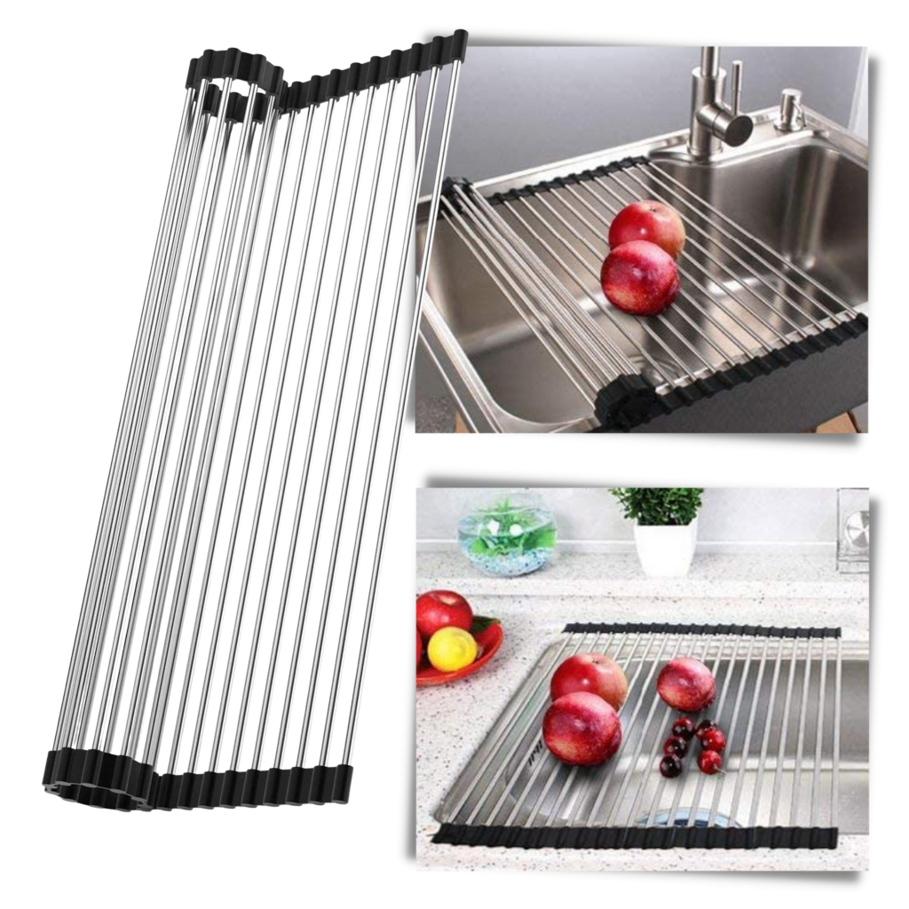 Egouttoir enroulable en acier inoxydable pour vaisselle et aliments