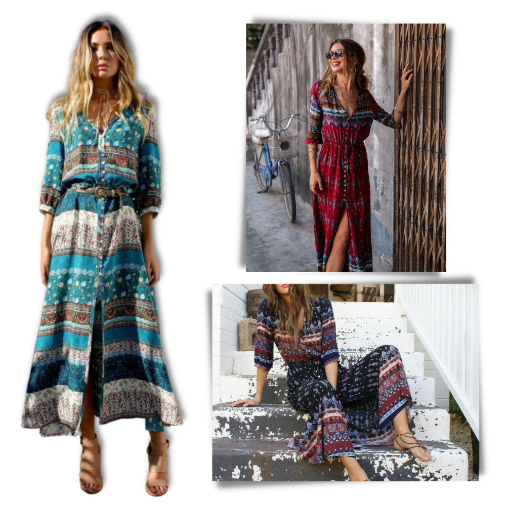Robe longue à col en V de style bohème